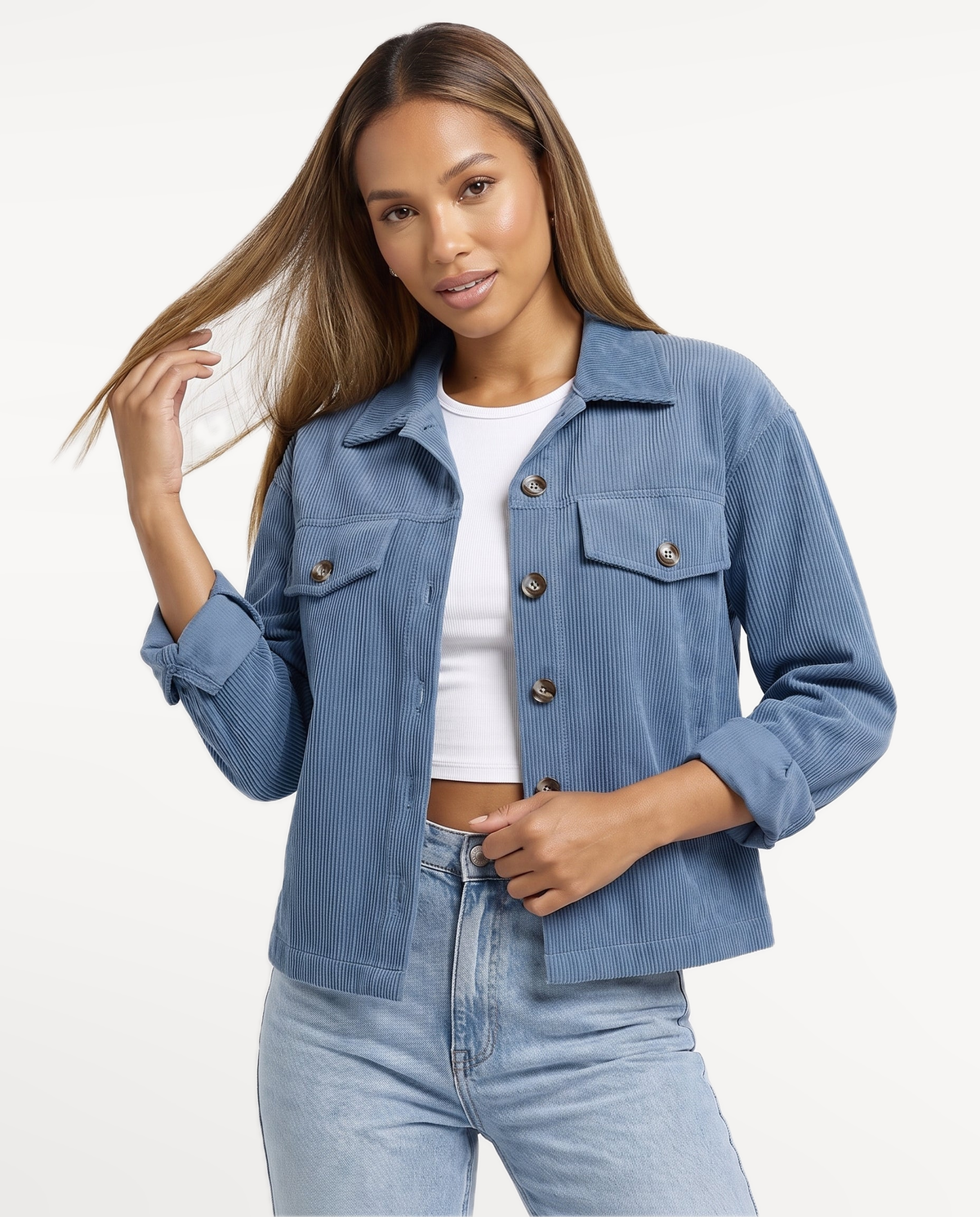 Tessa Corduroy Jacket in Blue – expressive studio portrait | SKU: SOR-TESSA-BLU-XS,SOR-TESSA-BLU-S,SOR-TESSA-BLU-M,SOR-TESSA-BLU-L,SOR-TESSA-BLU-XL