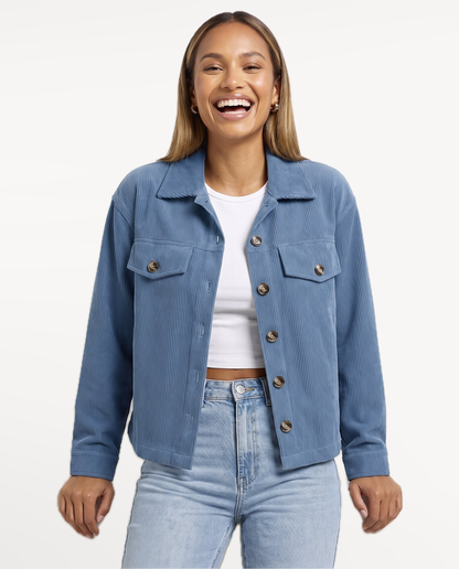 Tessa Corduroy Jacket in Blue – natural smile, studio | SKU: SOR-TESSA-BLU-XS,SOR-TESSA-BLU-S,SOR-TESSA-BLU-M,SOR-TESSA-BLU-L,SOR-TESSA-BLU-XL
