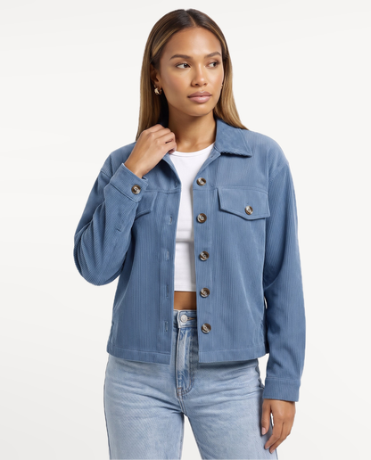Tessa Corduroy Jacket in Blue – thoughtful studio portrait | SKU: SOR-TESSA-BLU-XS,SOR-TESSA-BLU-S,SOR-TESSA-BLU-M,SOR-TESSA-BLU-L,SOR-TESSA-BLU-XL
