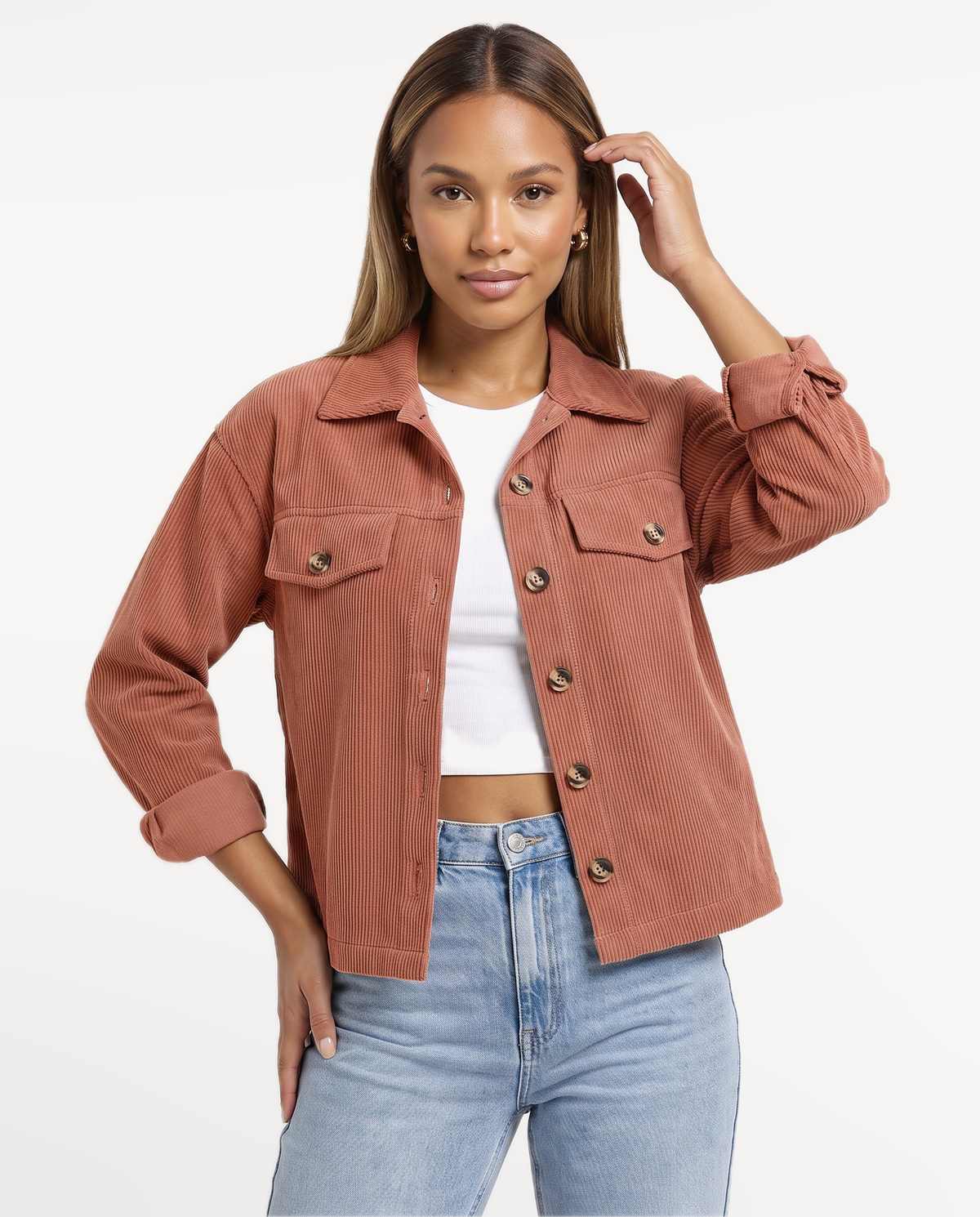 Tessa Corduroy Jacket in Coffee – expressive studio portrait | SKU: SOR-TESSA-COF-XS,SOR-TESSA-COF-S,SOR-TESSA-COF-M,SOR-TESSA-COF-L,SOR-TESSA-COF-XL