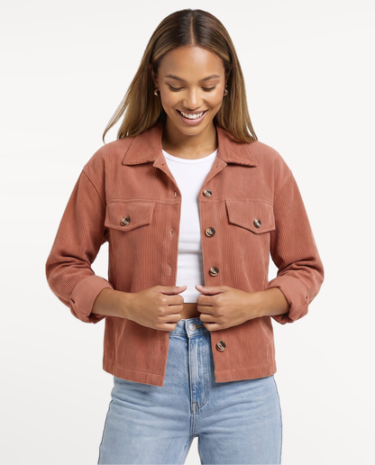 Tessa Corduroy Jacket in Coffee – natural smile, studio | SKU: SOR-TESSA-COF-XS,SOR-TESSA-COF-S,SOR-TESSA-COF-M,SOR-TESSA-COF-L,SOR-TESSA-COF-XL