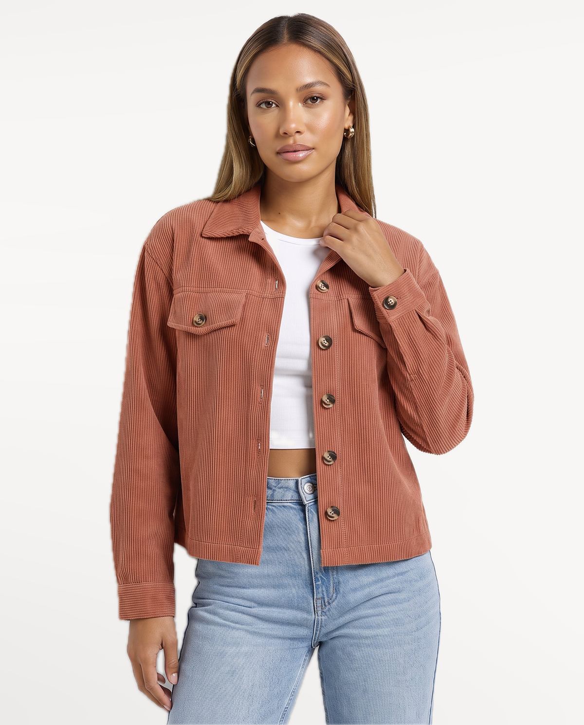 Tessa Corduroy Jacket in Coffee – thoughtful studio portrait | SKU: SOR-TESSA-COF-XS,SOR-TESSA-COF-S,SOR-TESSA-COF-M,SOR-TESSA-COF-L,SOR-TESSA-COF-XL