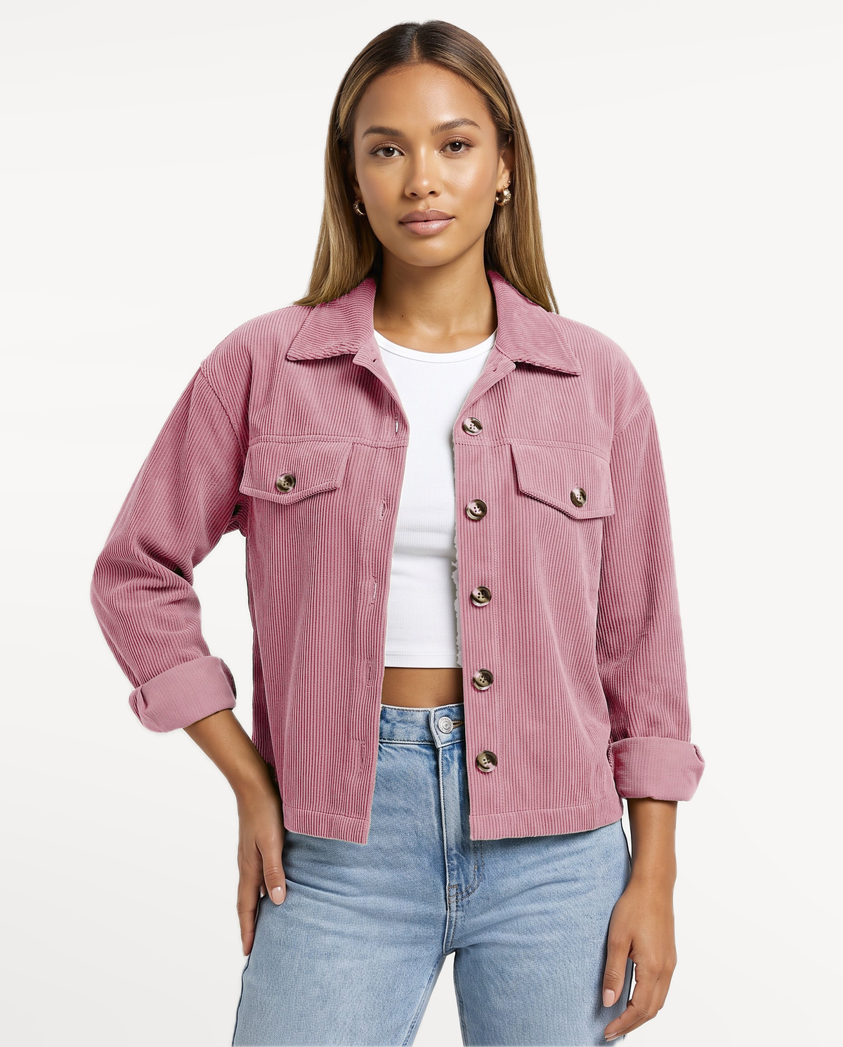 Tessa Corduroy Jacket in Pink – front view