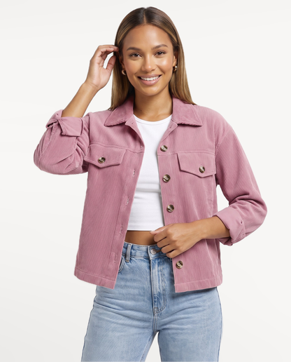 Tessa Corduroy Jacket in Pink – expressive studio portrait | SKU: SOR-TESSA-PNK-XS,SOR-TESSA-PNK-S,SOR-TESSA-PNK-M,SOR-TESSA-PNK-L,SOR-TESSA-PNK-XL