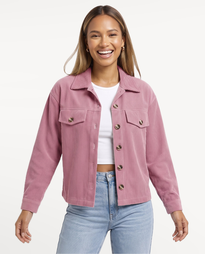 Tessa Corduroy Jacket in Pink – natural smile, studio | SKU: SOR-TESSA-PNK-XS,SOR-TESSA-PNK-S,SOR-TESSA-PNK-M,SOR-TESSA-PNK-L,SOR-TESSA-PNK-XL