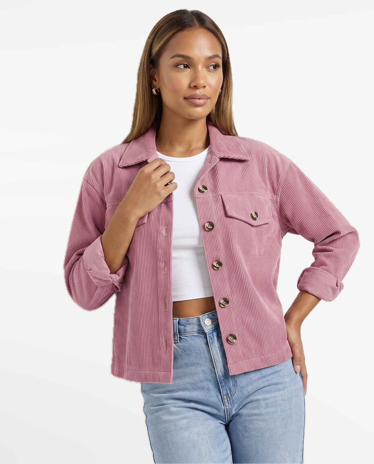 Tessa Corduroy Jacket in Pink – thoughtful studio portrait | SKU: SOR-TESSA-PNK-XS,SOR-TESSA-PNK-S,SOR-TESSA-PNK-M,SOR-TESSA-PNK-L,SOR-TESSA-PNK-XL