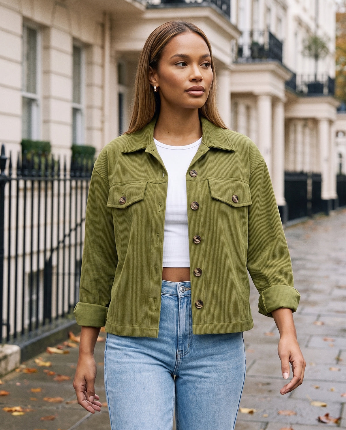Tessa Corduroy Jacket in Green – autumn street | SKU: SOR-TESSA-GRN-XS,SOR-TESSA-GRN-S,SOR-TESSA-GRN-M,SOR-TESSA-GRN-L,SOR-TESSA-GRN-XL