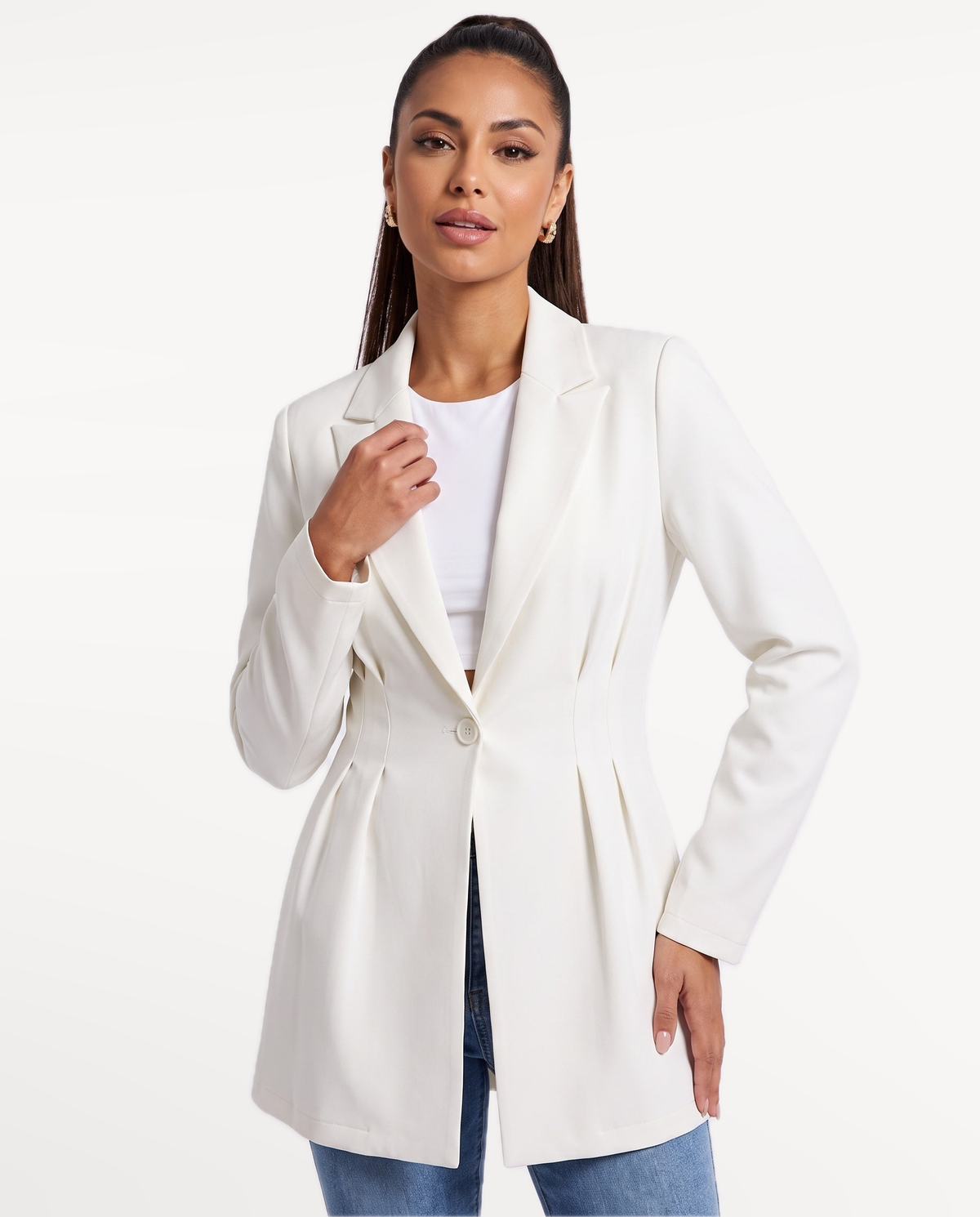 Valeria Tailored Blazer in White – Studio editorial | SKU: SOR-VALERIA-WHT-XS,SOR-VALERIA-WHT-S,SOR-VALERIA-WHT-M,SOR-VALERIA-WHT-L,SOR-VALERIA-WHT-XL
