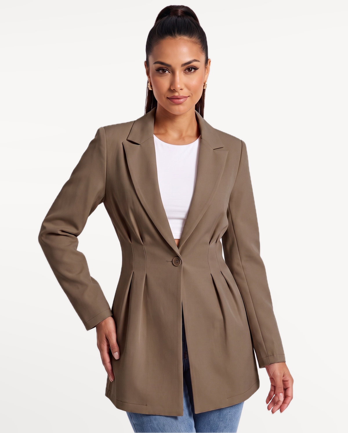 Valeria Tailored Blazer in Dark Brown – Front view