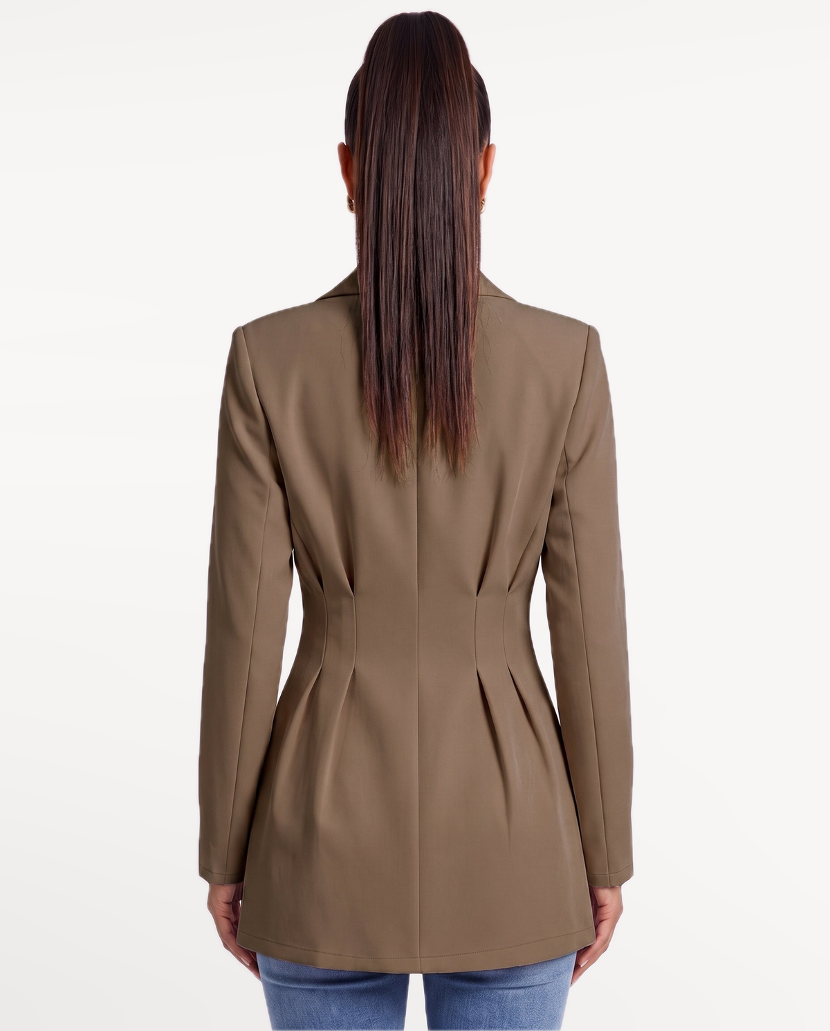 Valeria Tailored Blazer in Dark Brown – Back view | SKU: SOR-VALERIA-DBR-XS,SOR-VALERIA-DBR-S,SOR-VALERIA-DBR-M,SOR-VALERIA-DBR-L,SOR-VALERIA-DBR-XL