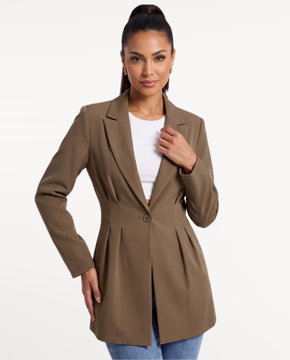 Valeria Tailored Blazer in Dark Brown – Studio editorial | SKU: SOR-VALERIA-DBR-XS,SOR-VALERIA-DBR-S,SOR-VALERIA-DBR-M,SOR-VALERIA-DBR-L,SOR-VALERIA-DBR-XL