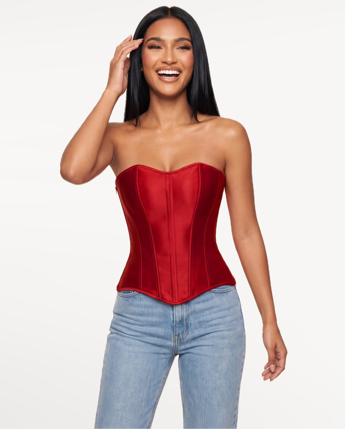 Vedette Corset Top in Red – emotional pose | SKU: SOR-VEDETTE-RED-XS,SOR-VEDETTE-RED-S,SOR-VEDETTE-RED-M,SOR-VEDETTE-RED-L,SOR-VEDETTE-RED-XL