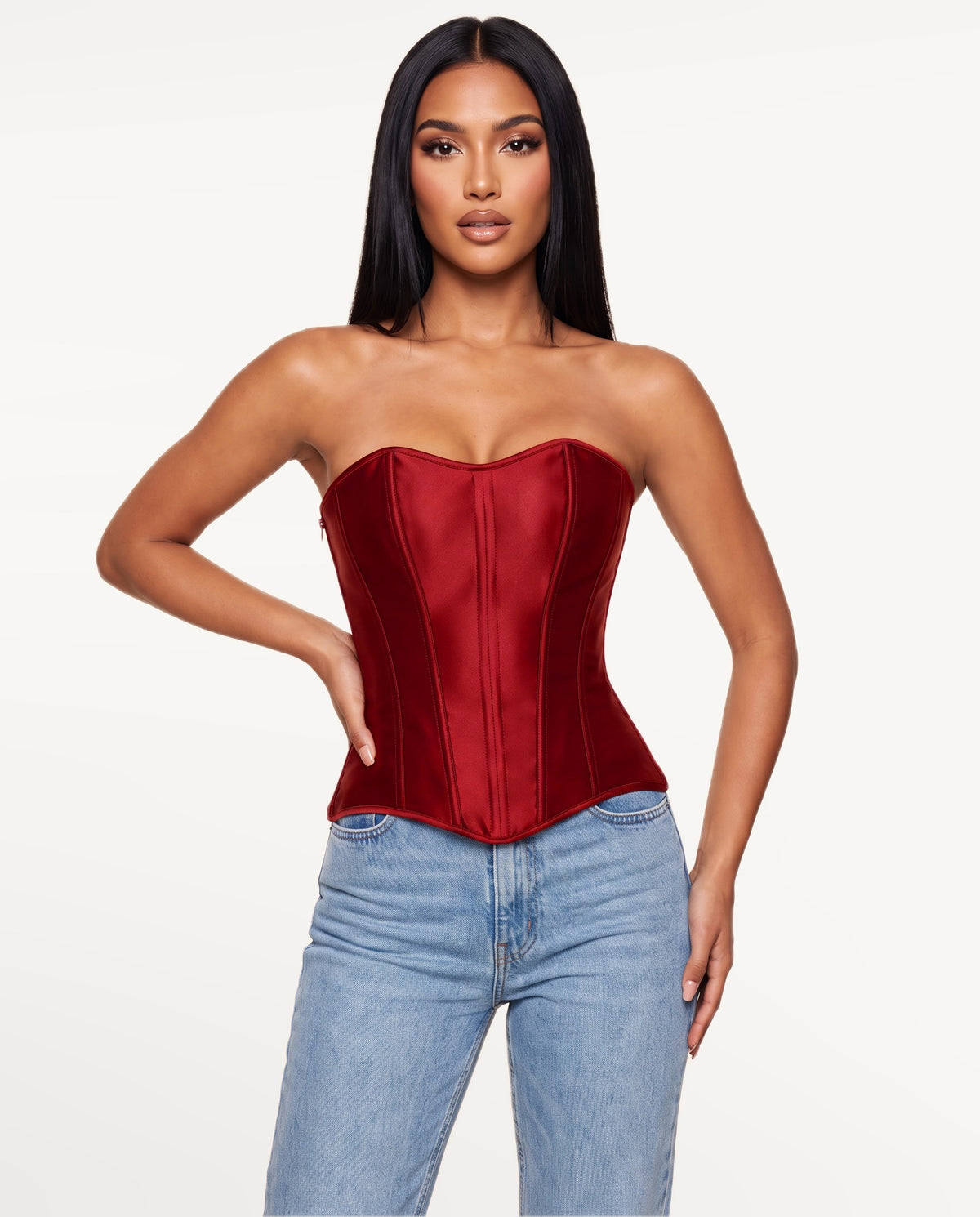 Vedette Corset Top in Red – emotional pose | SKU: SOR-VEDETTE-RED-XS,SOR-VEDETTE-RED-S,SOR-VEDETTE-RED-M,SOR-VEDETTE-RED-L,SOR-VEDETTE-RED-XL