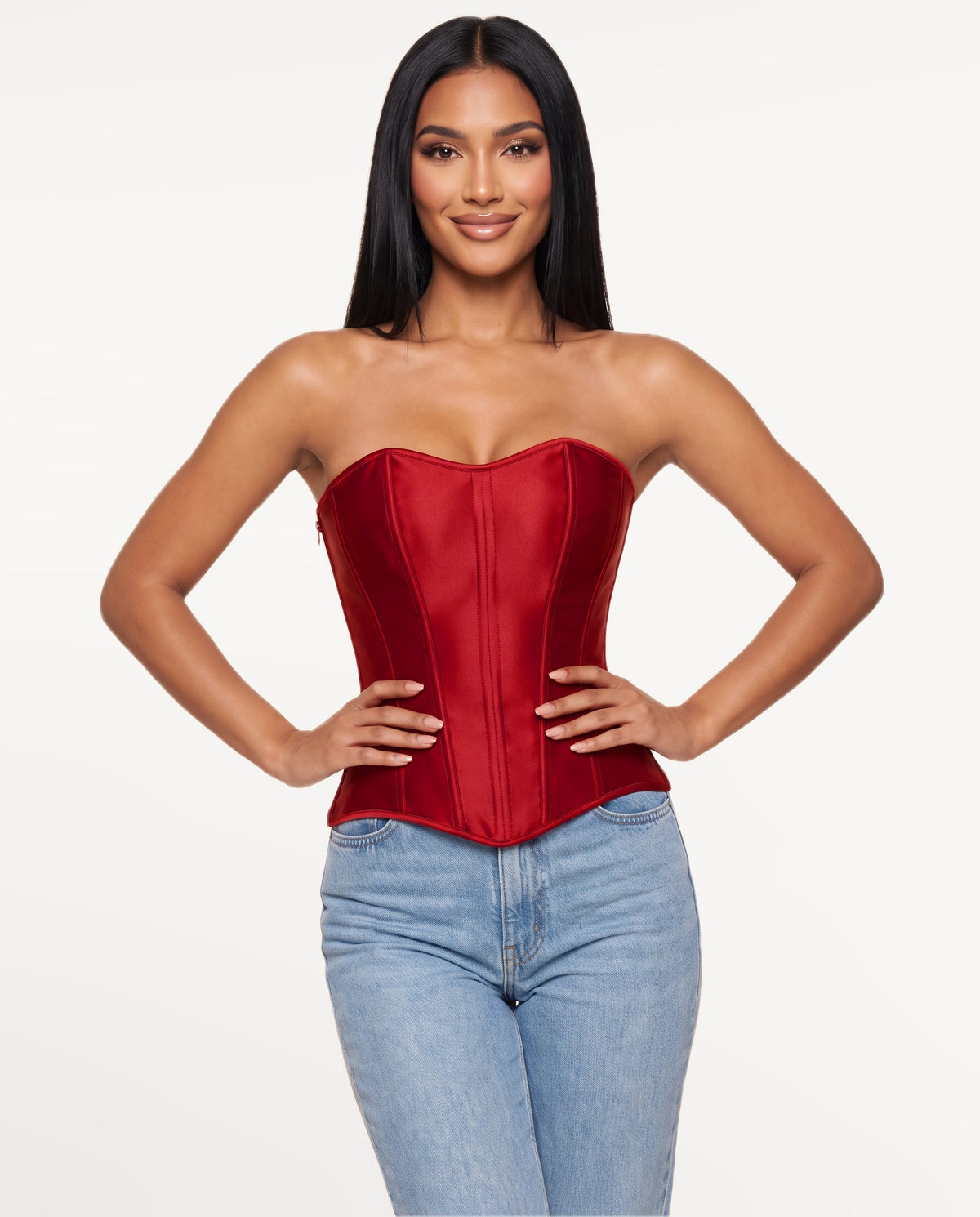 Vedette Corset Top in Red – emotional pose | SKU: SOR-VEDETTE-RED-XS,SOR-VEDETTE-RED-S,SOR-VEDETTE-RED-M,SOR-VEDETTE-RED-L,SOR-VEDETTE-RED-XL