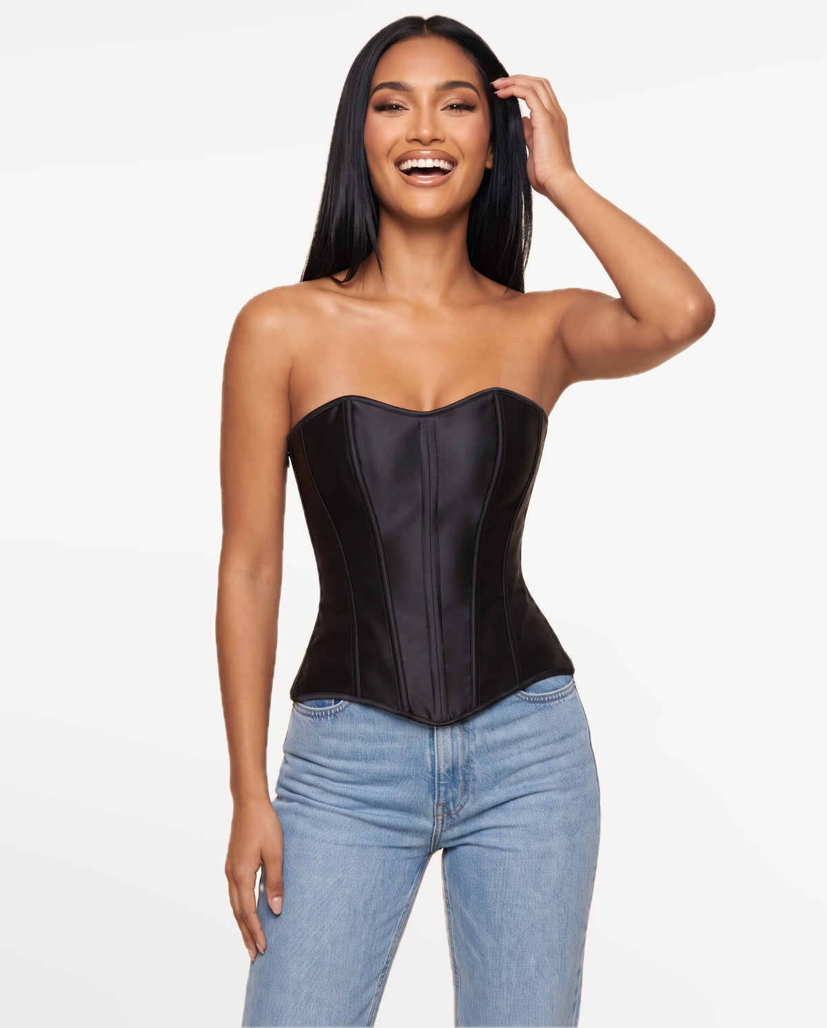 Vedette Corset Top in Black – emotional pose | SKU: SOR-VEDETTE-BLK-XS,SOR-VEDETTE-BLK-S,SOR-VEDETTE-BLK-M,SOR-VEDETTE-BLK-L,SOR-VEDETTE-BLK-XL