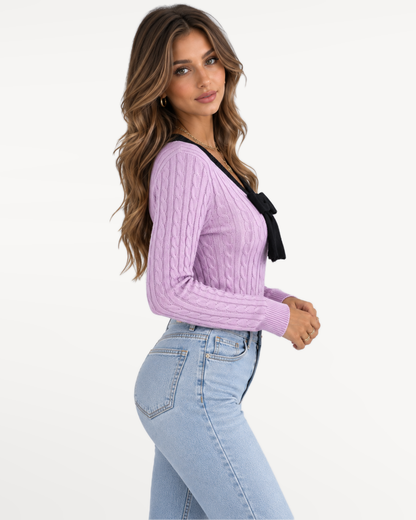 Avelisse Bow Sweater in Purple – view 3 | SKU: ABS-583104729641857-PURPLE-XS,ABS-583104729641857-PURPLE-S,ABS-583104729641857-PURPLE-M,ABS-583104729641857-PURPLE-L,ABS-583104729641857-PURPLE-XL