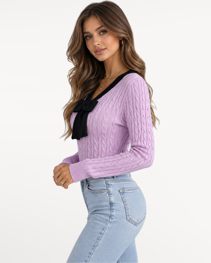 Avelisse Bow Sweater in Purple – view 4 | SKU: ABS-583104729641857-PURPLE-XS,ABS-583104729641857-PURPLE-S,ABS-583104729641857-PURPLE-M,ABS-583104729641857-PURPLE-L,ABS-583104729641857-PURPLE-XL