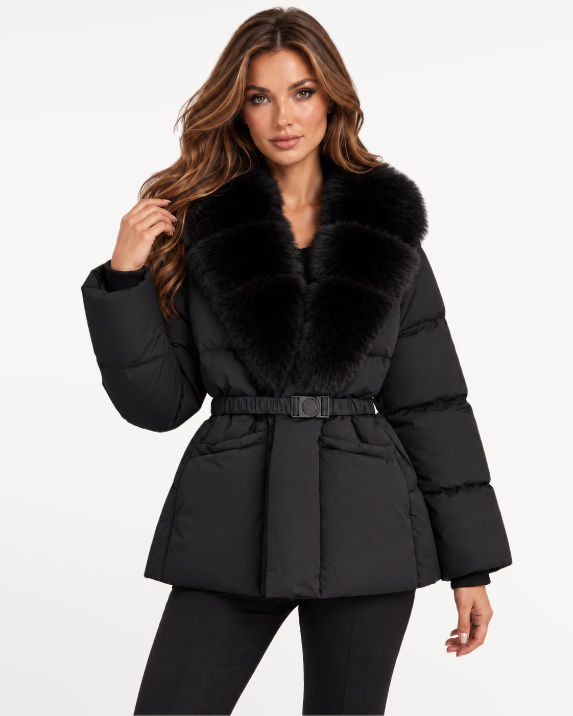 Vivienne Puffer in black – hand in hair | SKU: SOR-VIV-BLK-XS,SOR-VIV-BLK-S,SOR-VIV-BLK-M,SOR-VIV-BLK-L,SOR-VIV-BLK-XL