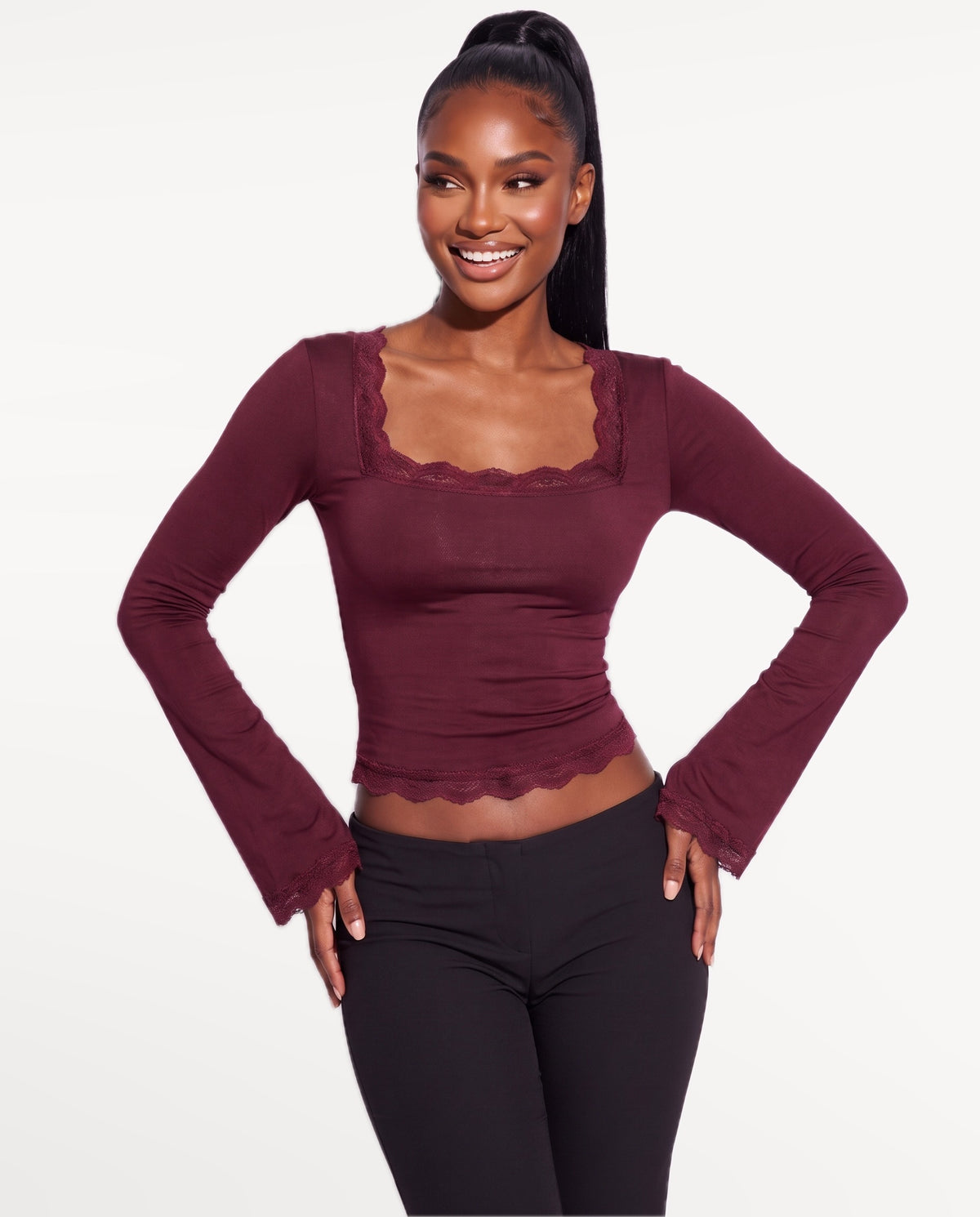 Selene Lace Top in Burgundy – emotional pose