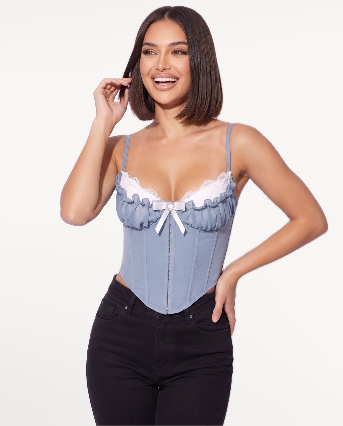 Odette Corset Top in Blue – emotional pose | SKU: SOR-ODETTE-DBL-XS,SOR-ODETTE-DBL-S,SOR-ODETTE-DBL-M,SOR-ODETTE-DBL-L,SOR-ODETTE-DBL-XL