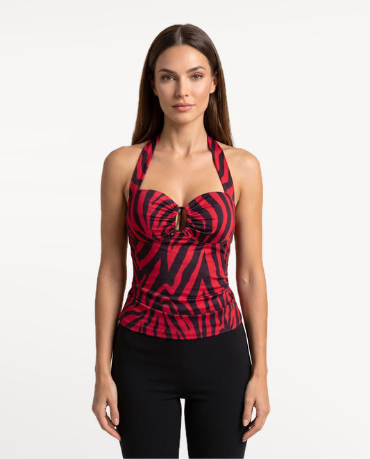 Zebra Halter Top in Red — front view