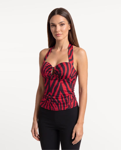 Zebra Halter Top in Red — three-quarter view | SKU: SOR-ZEBRA-RED-XS,SOR-ZEBRA-RED-S,SOR-ZEBRA-RED-M,SOR-ZEBRA-RED-L,SOR-ZEBRA-RED-XL